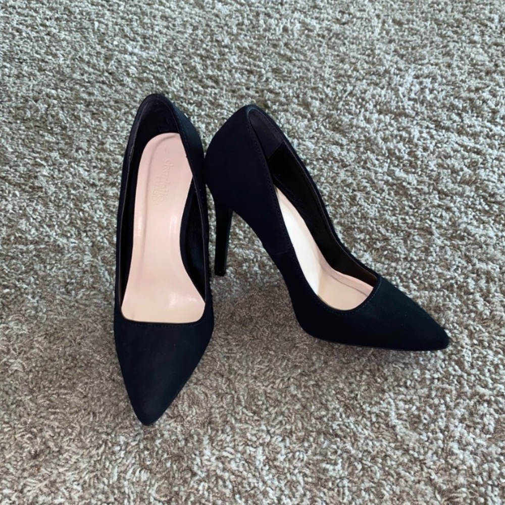 Black suede Charlotte russe heels worn once sz: 7 And they fit snug!